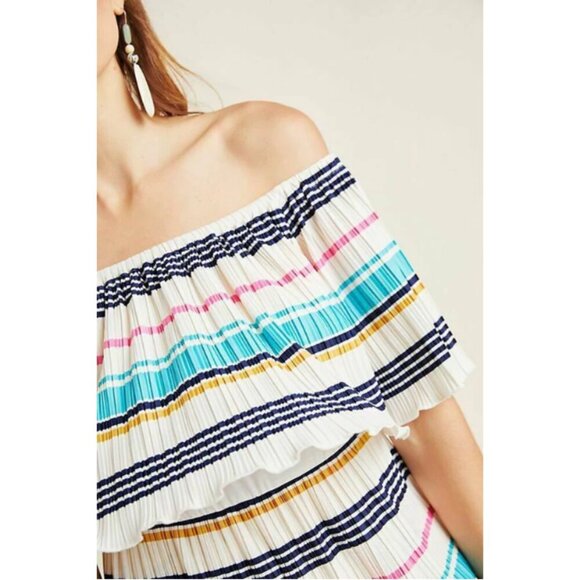 Anthropologie Boho Off the Shoulder Mini Dress XL White Striped A-Line Pleated - Picture 6 of 7